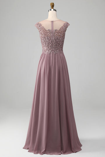 Dusk A-line Beaded Chiffon Round Neck Maxi Mother of the Bride Dress